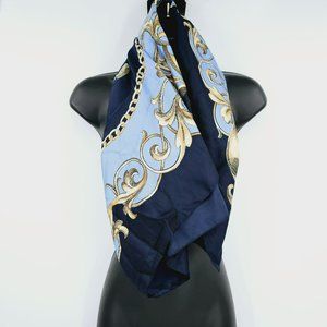 Liz Claiborne Square Scarf Blue Gold Ornate Baroque Rococo Filigree Medallion